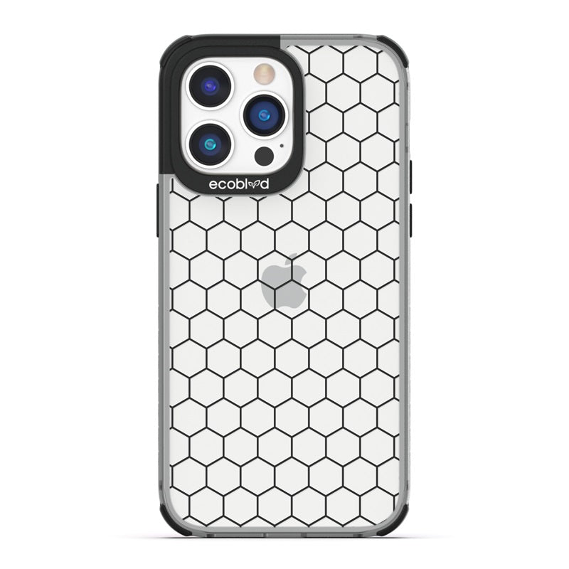 Laguna Collection - Black Eco-Friendly iPhone 14 Pro Case With A Geometric Honeycomb Pattern On A Clear Back - Compostable
