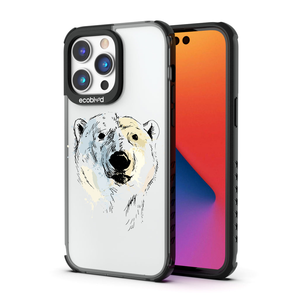 Back View Of Black Eco-Friendly iPhone 14 Pro Clear Case With The Polar Bear Design & Front View Of Screen