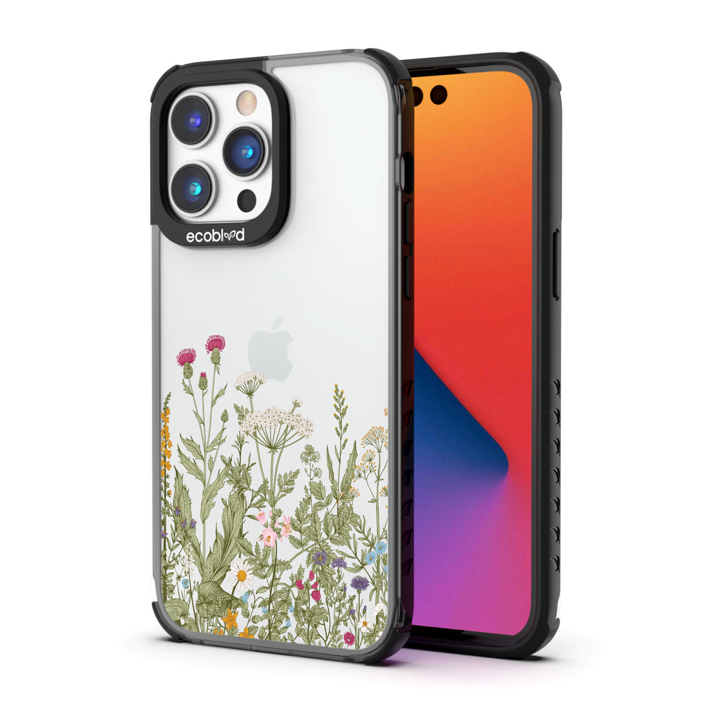 Back View Of Black Eco-Friendly iPhone 14 Pro Max Clear Case With Take Root Design & Front View Of Screen