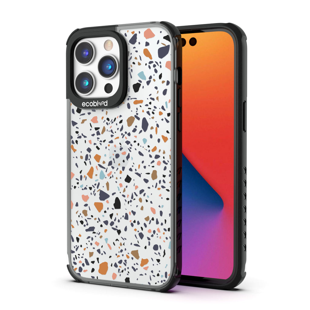 Back View Of Eco-Friendly Black iPhone 14 Pro Max Timeless Laguna Case With Terrazzo Design & Front View Of Screen 