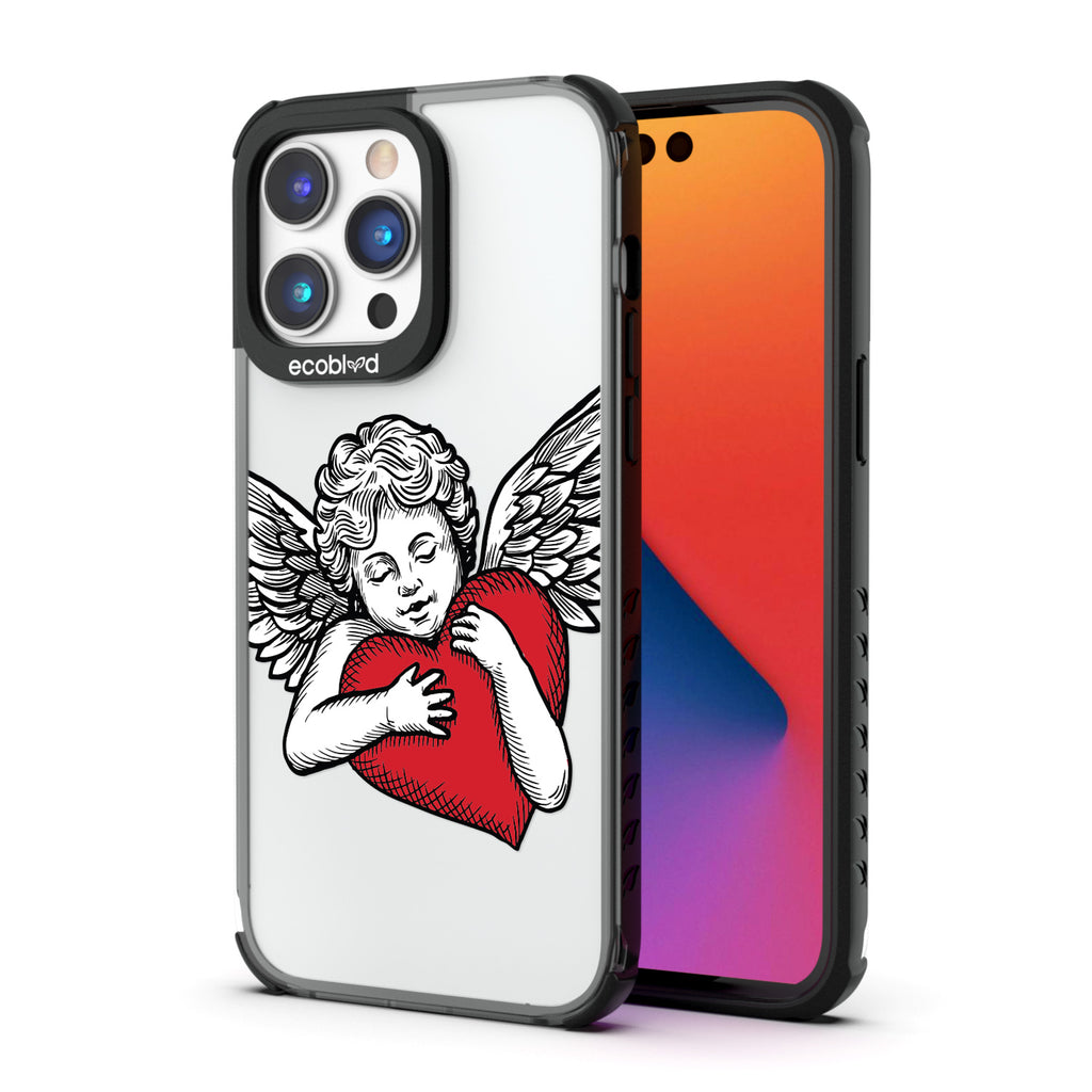Back View Of Black Eco-Friendly iPhone 14 Pro Clear Case With The Cupid Design & Front View Of Screen