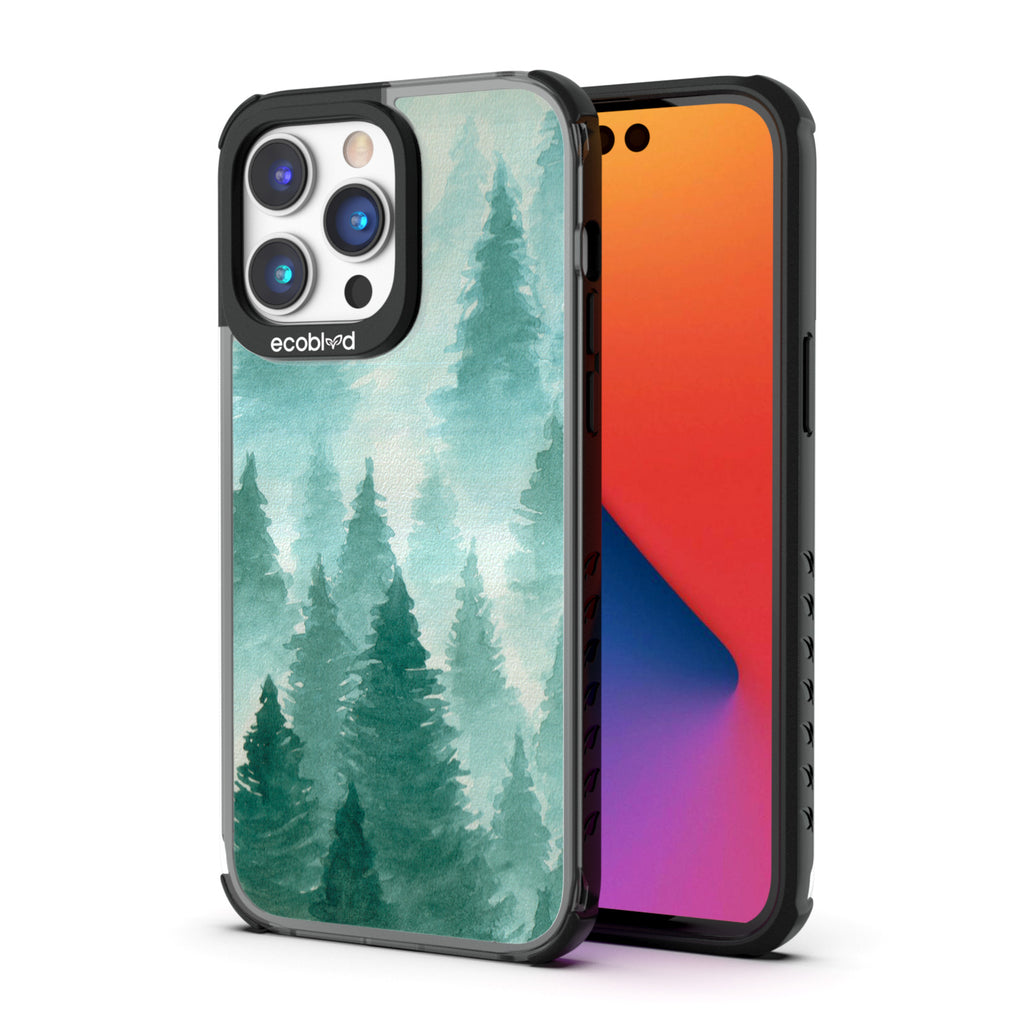 Back View Of Eco-Friendly Black iPhone 14 Pro Max Winter Laguna Case With A Winter Pine Design & Front View Of Screen