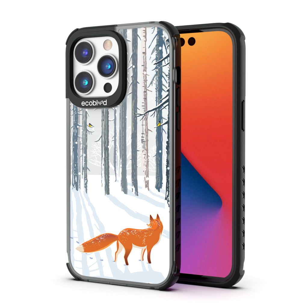 Back View Of Black Eco-Friendly iPhone 14 Pro Clear Case With The Fox Trot In The Snow Design & Front View Of Screen