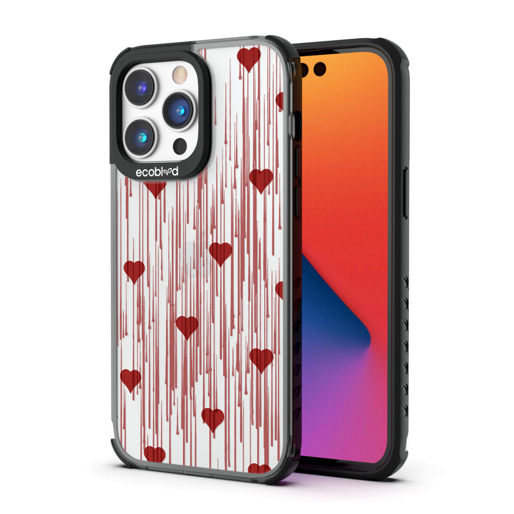 Back View Of Black Eco-Friendly iPhone 14 Pro Clear Case With The Bleeding Hearts Design & Front View Of Screen