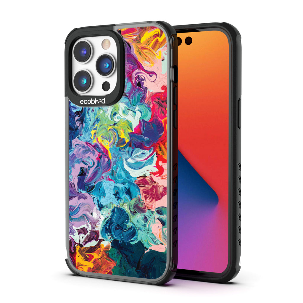 Back View Of Black Eco-Friendly iPhone 14 Pro Max Clear Case With Give It A Swirl Design & Front View Of Screen