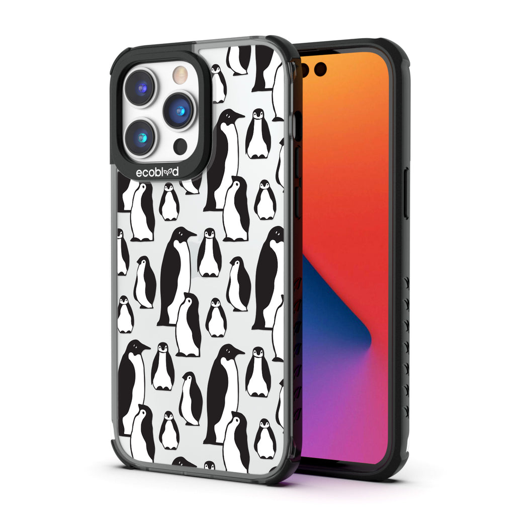 Back View Of Eco-Friendly Black iPhone 14 Pro Max Winter Laguna Case With The Penguins Design & Front View Of The Screen