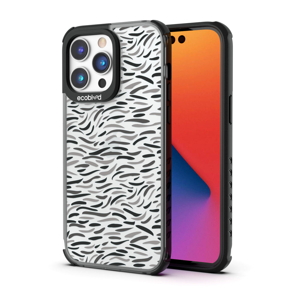 Back View Of Eco-Friendly Black iPhone 14 Pro Max Timeless Laguna Case With The Bush Stroke Design & Front View Of The Screen 