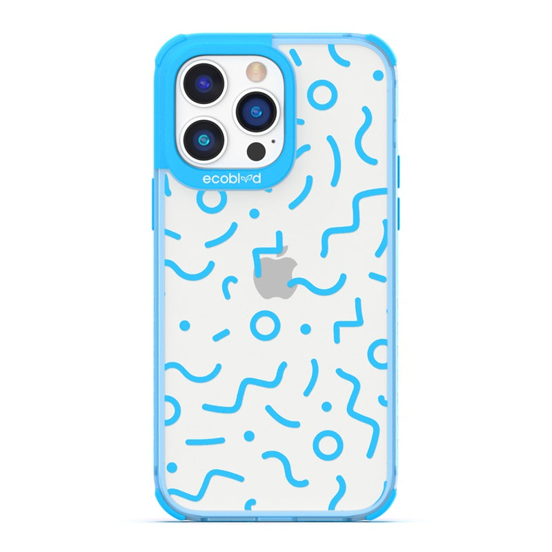90's Kids - Blue Eco-Friendly iPhone 14 Pro Case with Retro 90's Lines & Squiggles On A Clear Back