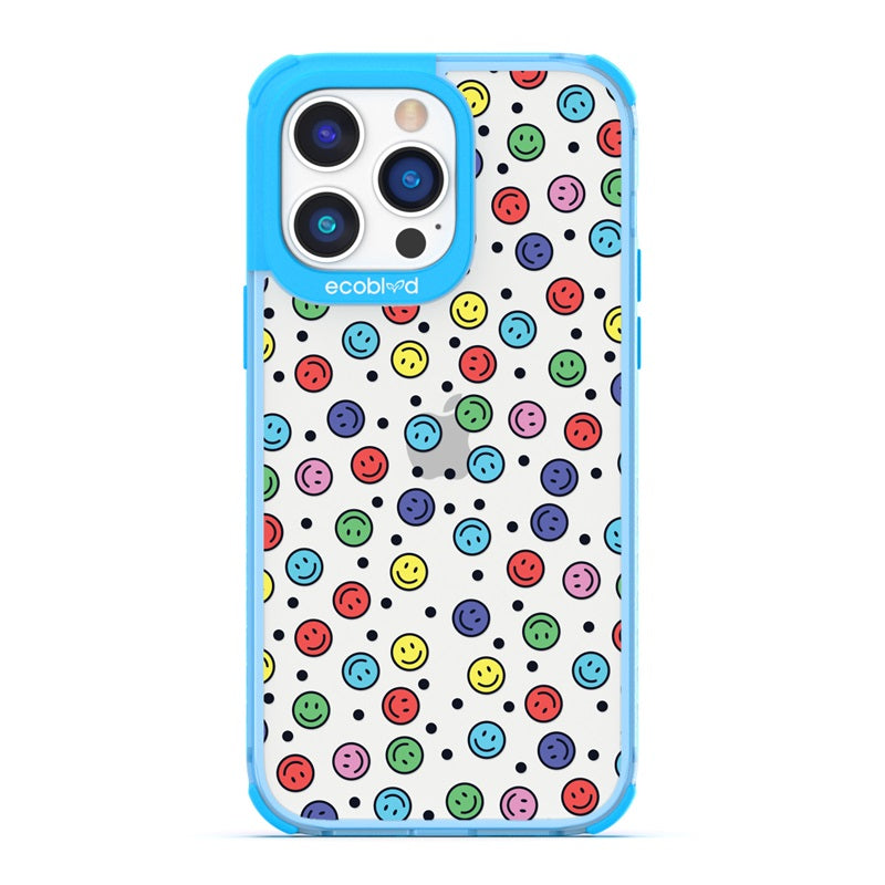 Laguna Collection - Blue Eco-Friendly iPhone 14 Pro Case With Multicolored Smiley Faces & Black Dots On A Clear Back