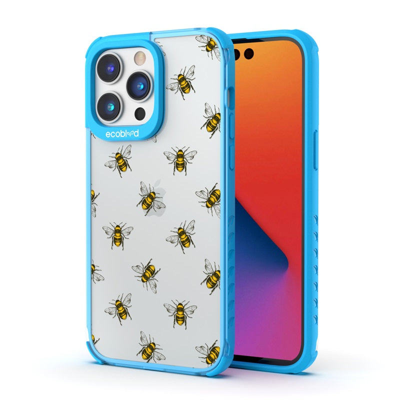 Back View Of The Blue iPhone 14 Pro Laguna Case With The Bees Design On A Clear Back And Front View Of The Screen