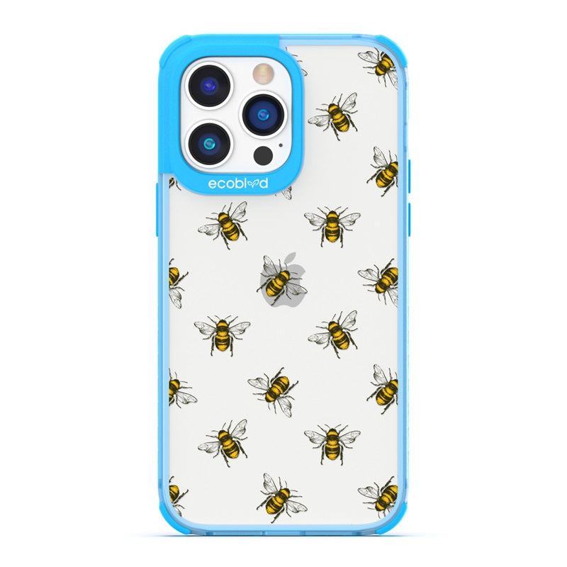 Laguna Collection - Blue Eco-Friendly iPhone 14 Pro Case With A Honey Bees Design On A Clear Back - Compostable
