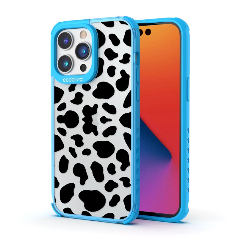 Back View Of The Blue Compostable iPhone 14 Pro Laguna Case With The Cow Print Design & Front View Of The Screen