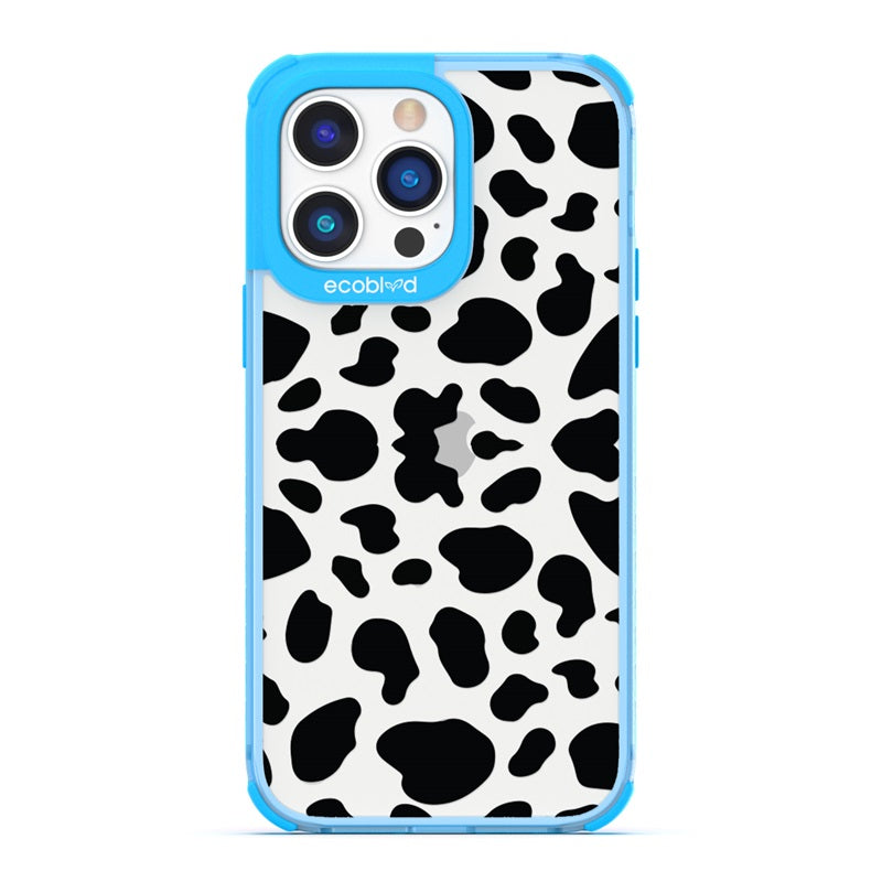 Laguna Collection - Blue Eco-Friendly iPhone 14 Pro Case with Black Spots Cow Print Pattern On A Clear Back - Compostable