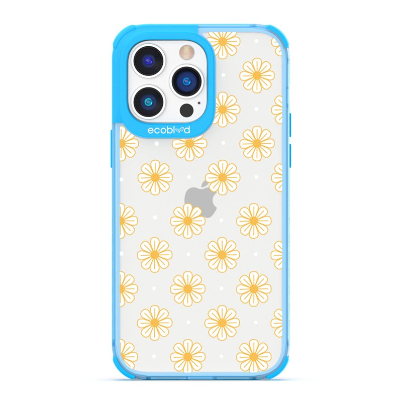 Laguna Collection - Blue Eco-Friendly iPhone 14 Pro White Daisy And Dots Floral Pattern On A Clear Back - Compostable
