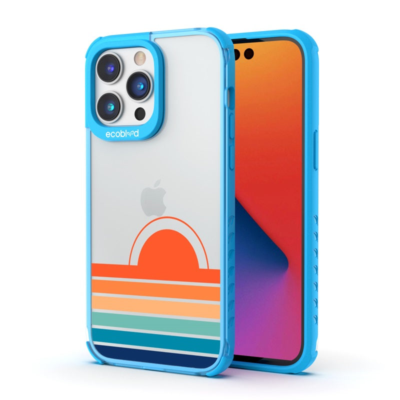 Back View Of The Blue iPhone 14 Pro Laguna Case With The Rise N' Shine Design On A Clear Back And Front View Of The Screen