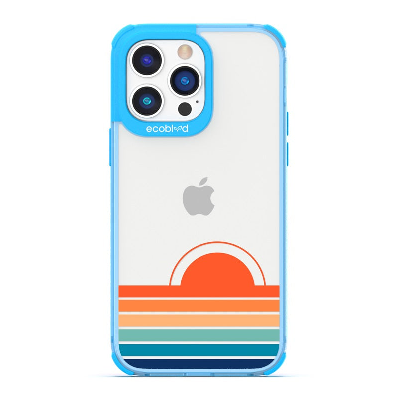 Laguna Collection - Blue Eco-Friendly iPhone 14 Pro Case With Sun Rising From Rainbow Gradient Stripes On A Clear Back