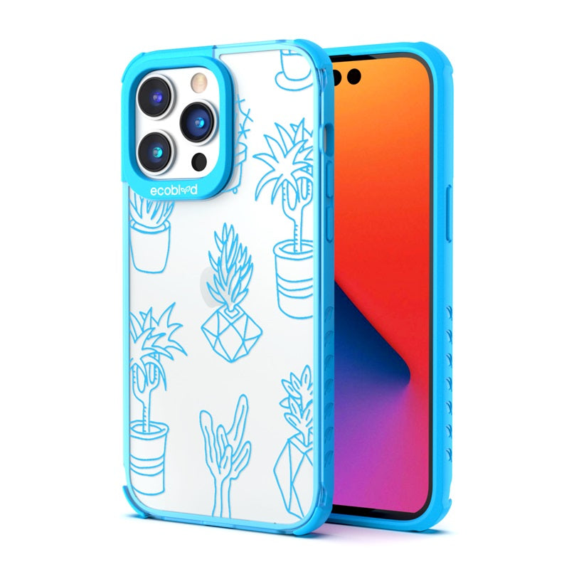 Back View Of The Blue iPhone 14 Pro Laguna Case With Succulent Garden Design On A Clear Back And Front View Of The Screen
