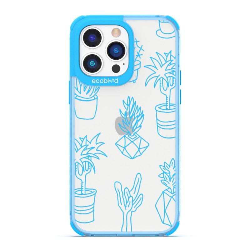 Laguna Collection - Blue Eco-Friendly iPhone 14 Pro Case With Line Art Succulent Garden On A Clear Back - Compostable