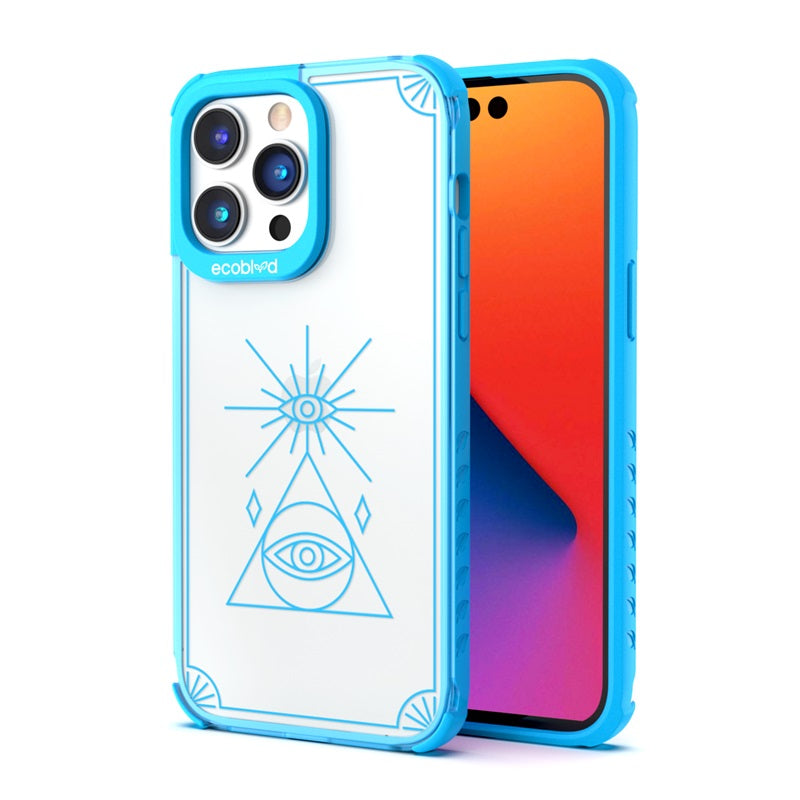Back View Of The Blue iPhone 14 Pro Laguna Case With The Tarot Card Design On A Clear Back And Front View Of The Screen