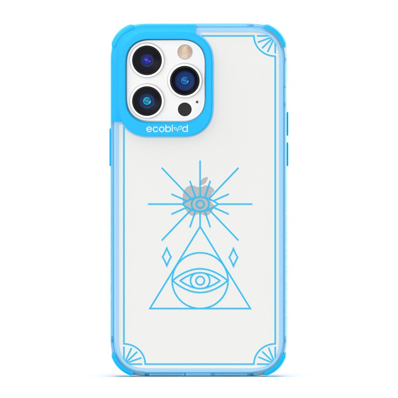 Laguna Collection - Blue Eco-Friendly iPhone 14 Pro Case With An All Seeing Eye Tarot Card Design On A Clear Back