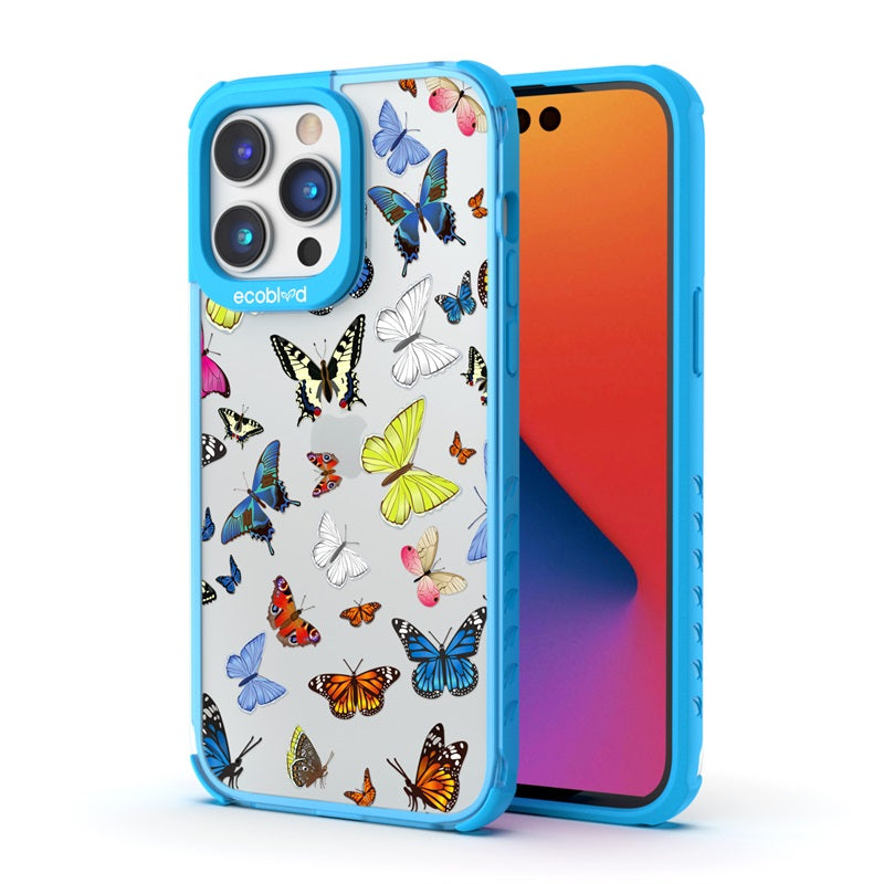 Back View Of Blue iPhone 14 Pro Laguna Case With You Give Me Butterflies Design On Clear Back And Front View Of The Screen