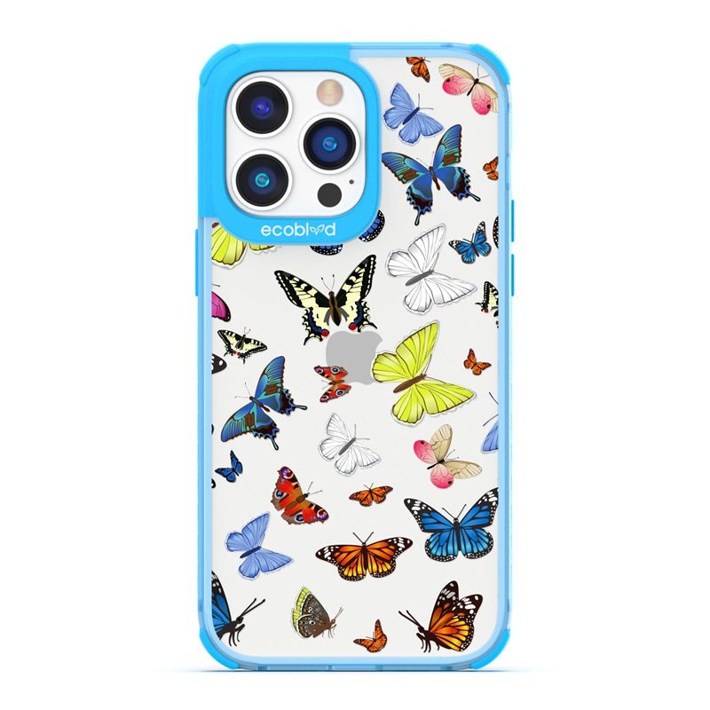 Laguna Collection - Blue Eco-Friendly iPhone 14 Pro Case With Multicolored Butterflies On A Clear Back - Compostable