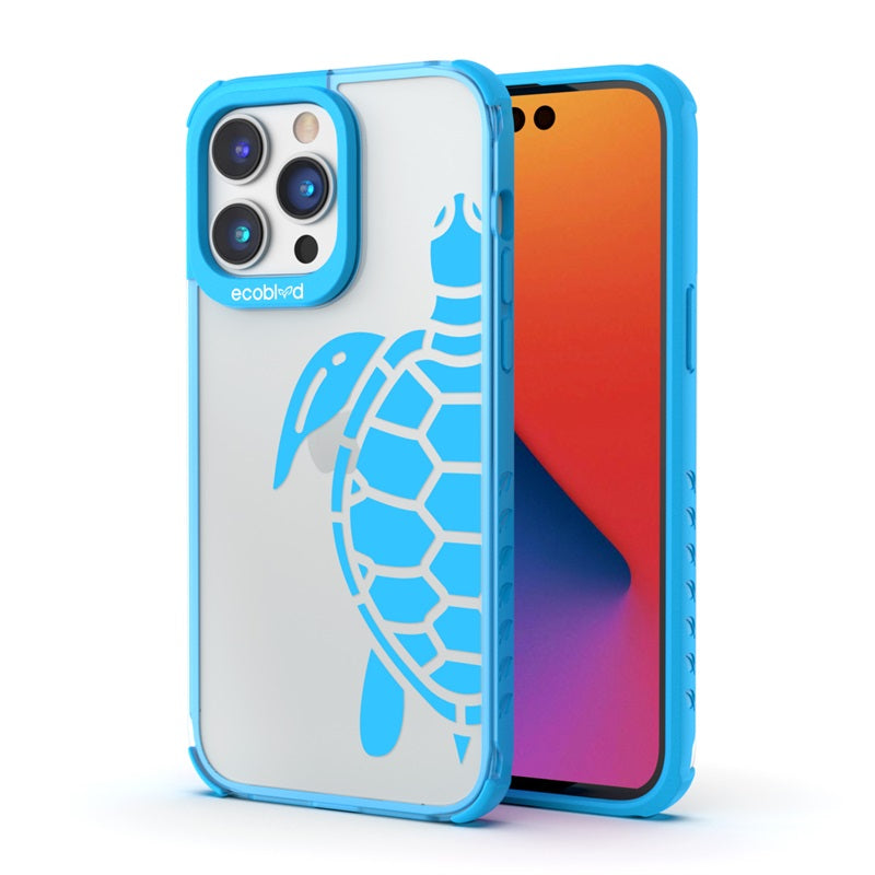 Back View Of The Blue iPhone 14 Pro Laguna Case With The Sea Turtle Design On A Clear Back And Front View Of The Screen