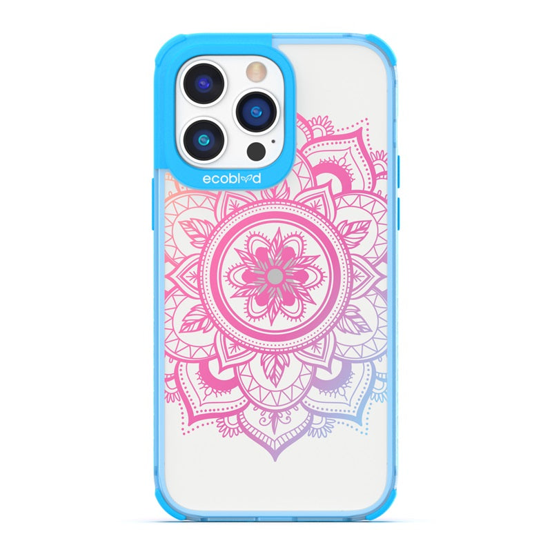 Laguna Collection - Blue Eco-Friendly iPhone 14 Pro Case With A Pink Gradient Lotus Flower Mandala Design On A Clear Back
