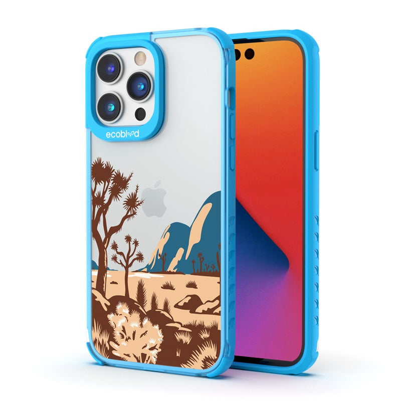 Back View Of The Blue Compostable iPhone 14 Pro Laguna Case With Joshua Tree Design & Front View Of The Screen