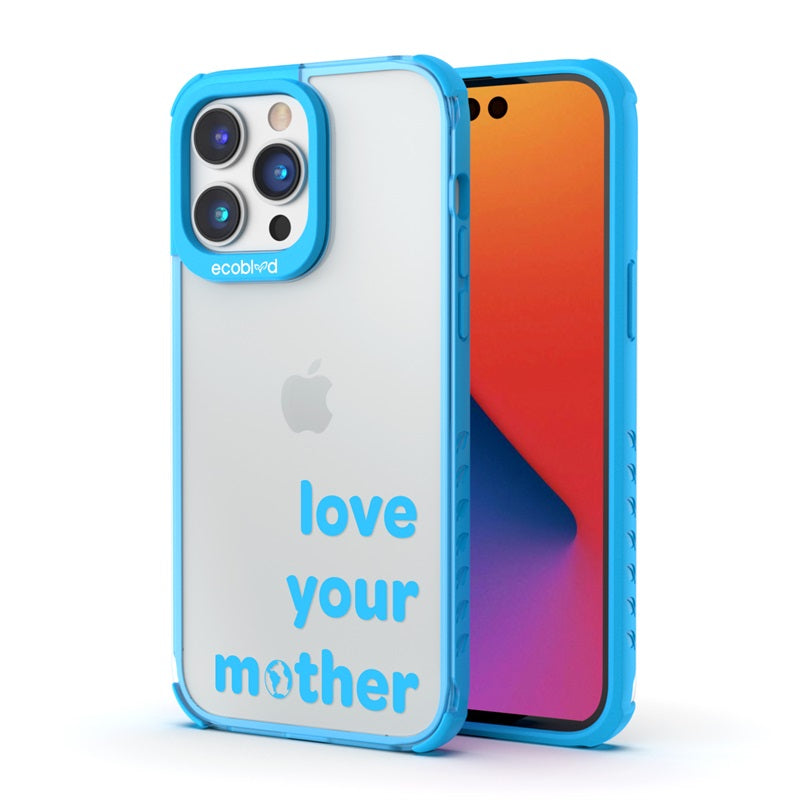 Back View Of The Blue Compostable iPhone 14 Pro Sequoia Case With The Love Your Mother Design & Front View Of The Screen