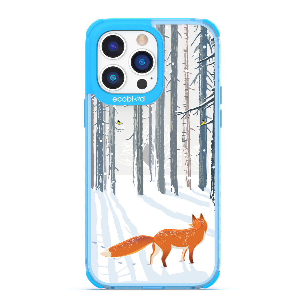 Winter Collection - Blue Compostable iPhone 14 Pro Case - Orange Fox Trails Pawprints In Snowy Woods On A Clear Back