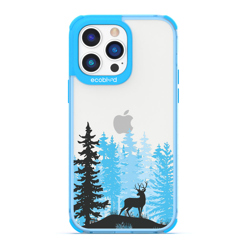Winter Collection - Blue Compostable iPhone 14 Pro Case - Wild Stag Standing On Boulder In The Woods On Clear Back