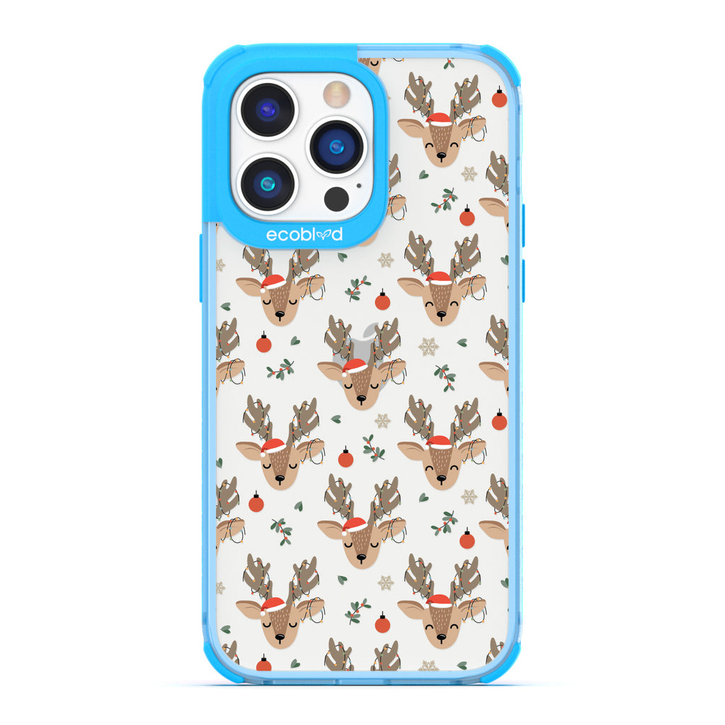 Winter Collection - Blue Laguna iPhone 14 Pro Case With Reindeer Wearing Santa Hats & Christmas Lights On A Clear Back