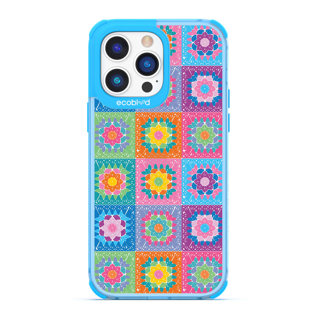 All Squared Away - Pastel Vintage Granny Squares Crochet - Eco-Friendly Clear iPhone 14 Pro Max Case With Blue Rim 