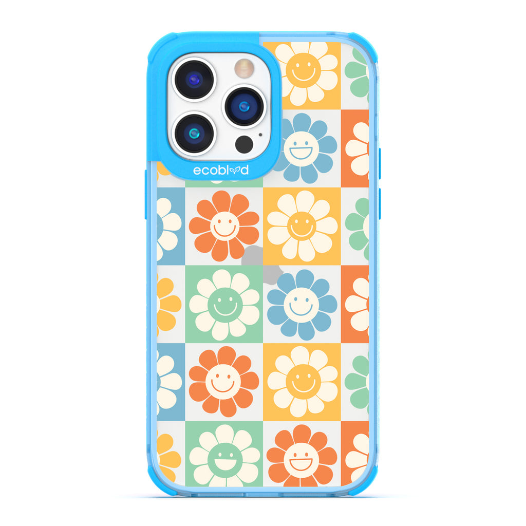 Spring Collection - Blue Compostable iPhone 14 Pro Max Case - 70's Gingham Cartoon Flowers W/ Smiley Faces On Clear Back