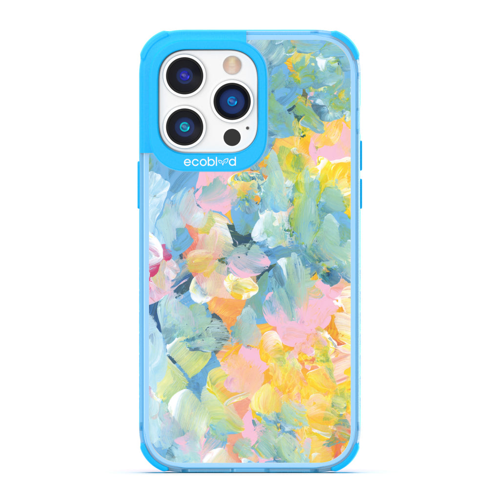 Spring Collection - Blue Compostable iPhone 14 Pro Max Case - Pastel Acrylic Abstract Paint Smears & Blots On A Clear Back