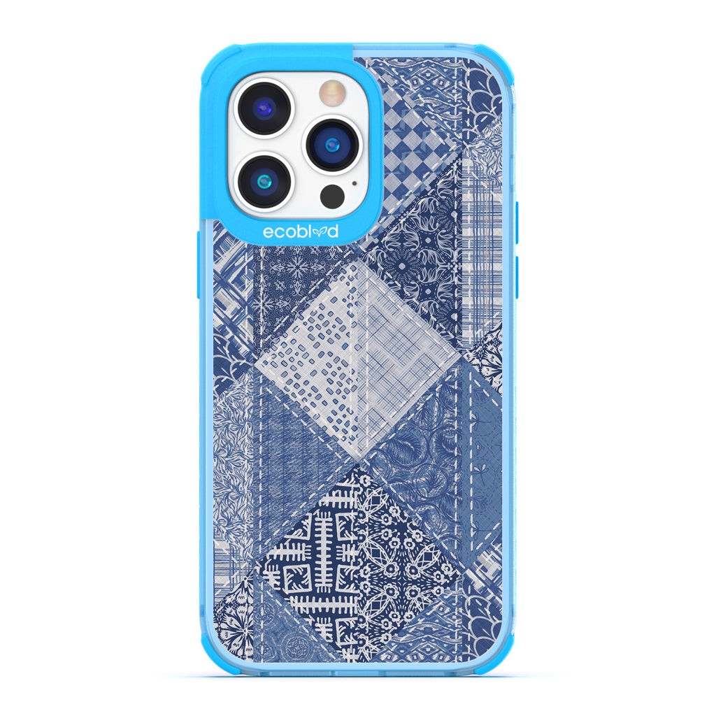 Spring Collection - Blue Compostable iPhone 14 Pro Max Case - Patchwork Blue Denim With Paisley Patches On A Clear Back
