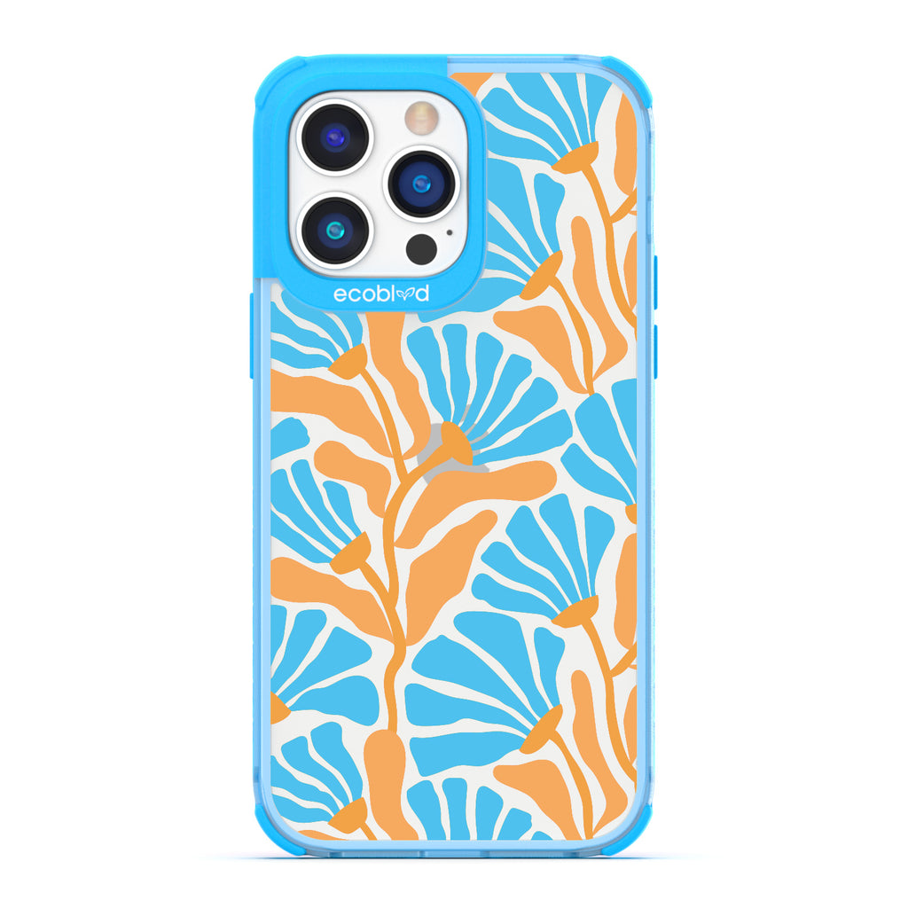 Spring Collection - Blue Compostable iPhone 14 Pro Max Case - Tropical Flowers With Tan Base & Blue Petals On A Clear Back