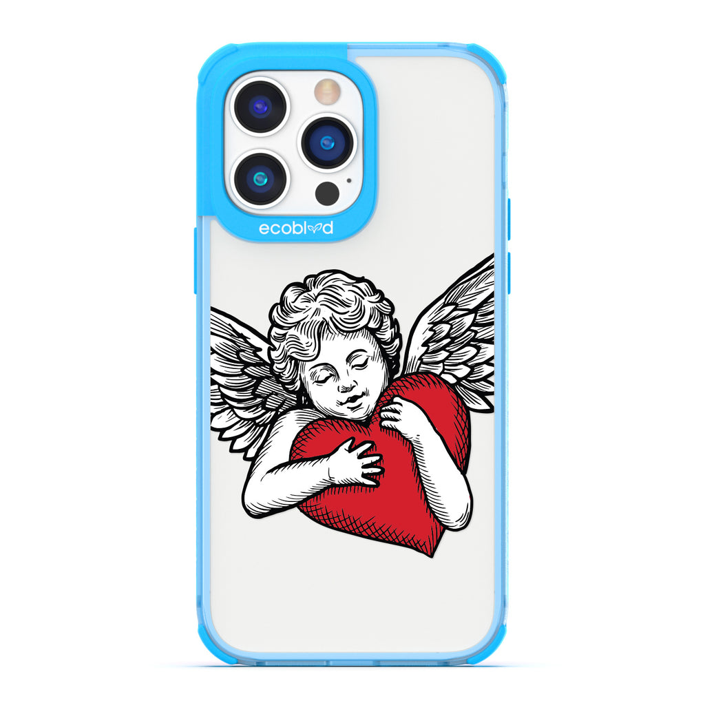 Love Collection - Blue Compostable iPhone 14 Pro Case - Black & Grey Tattoo Style Cupid Holding Red Heart On A Clear Back