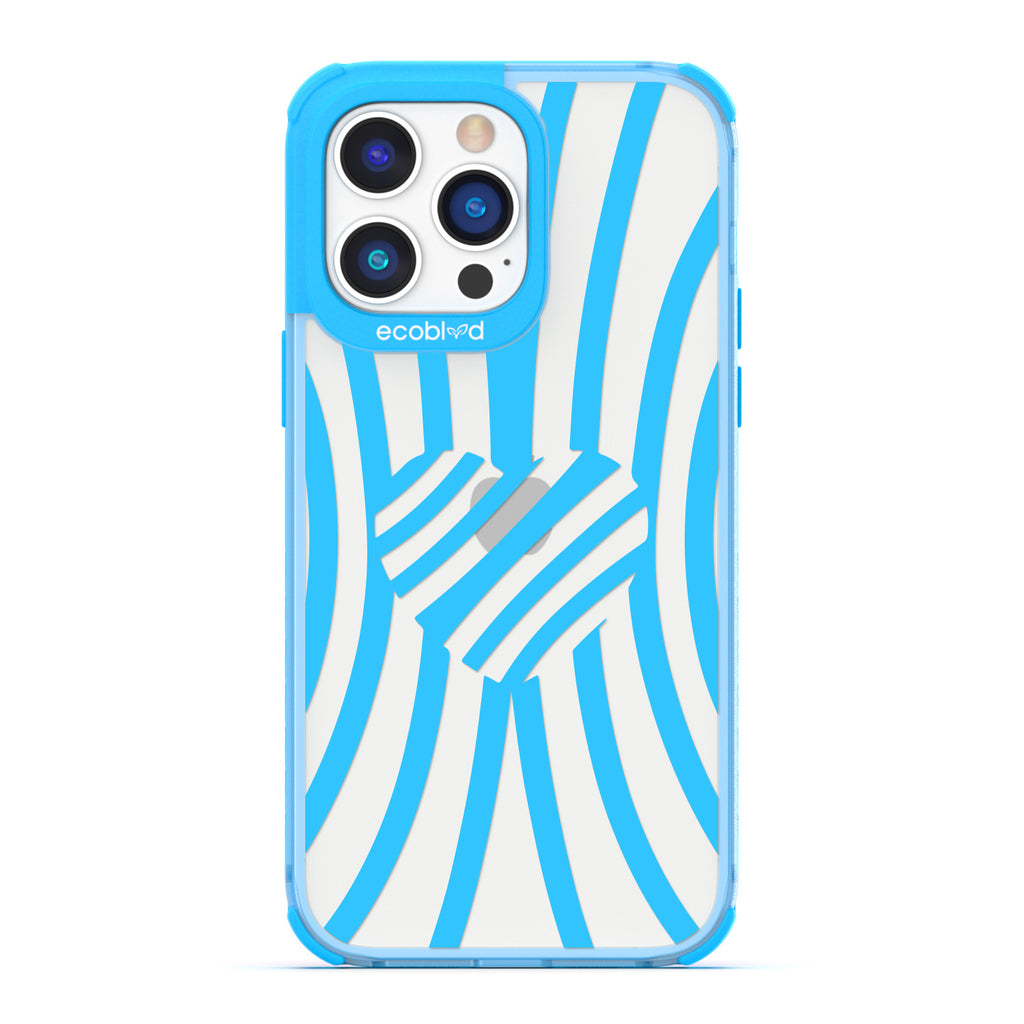 Love Collection - Blue Compostable iPhone 14 Pro Max Case - Blue Zebra Stripes & A Heart In The Center On A Clear Back