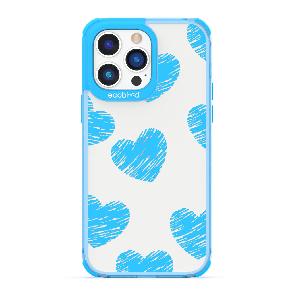 Love Collection - Blue Compostable iPhone 14 Pro Max Case - Blue Scribbled Hearts On A Clear Back