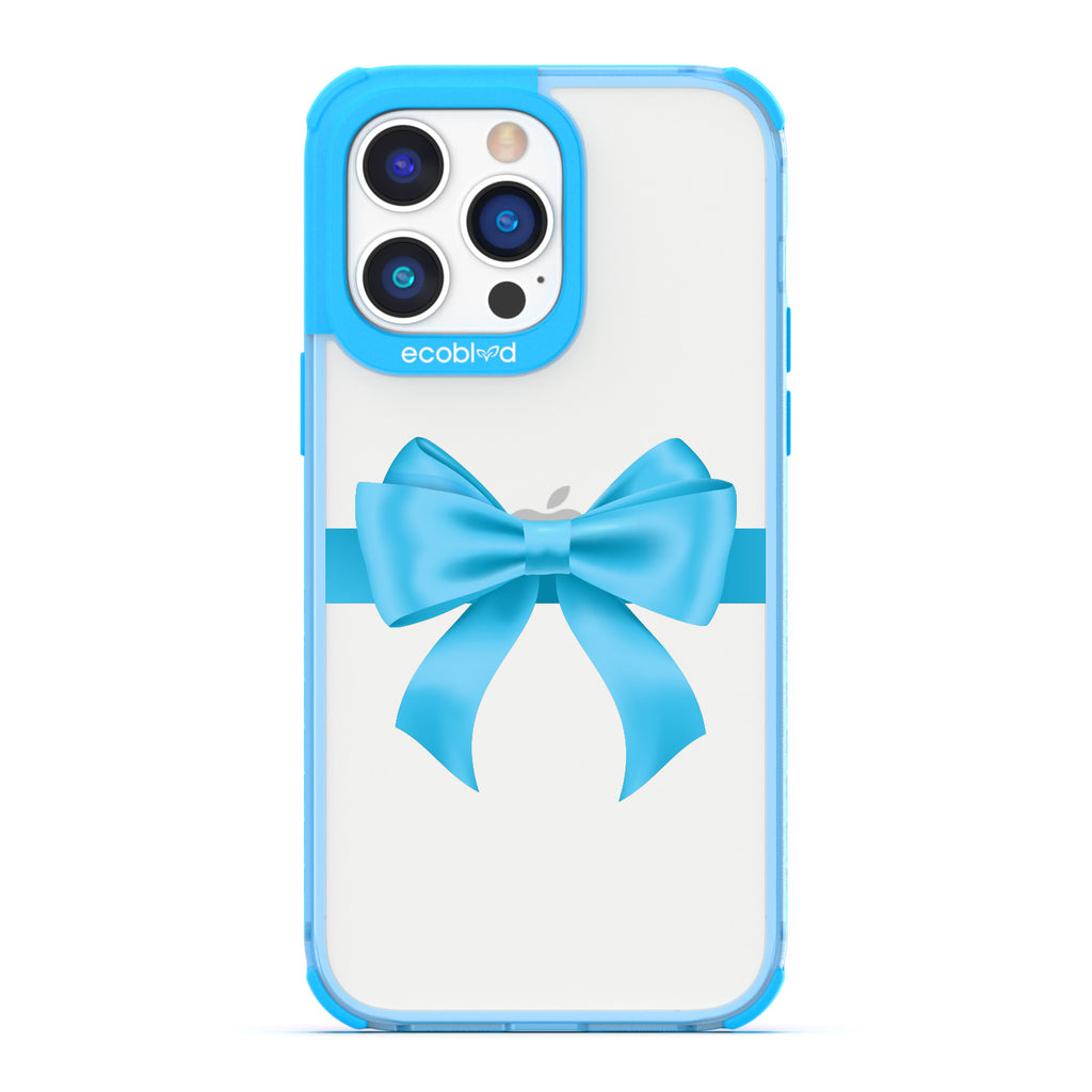 Winter Collection - Blue Eco-Friendly Laguna iPhone 14 Pro Case With A Blue Gift Bow Printed On A Clear Back