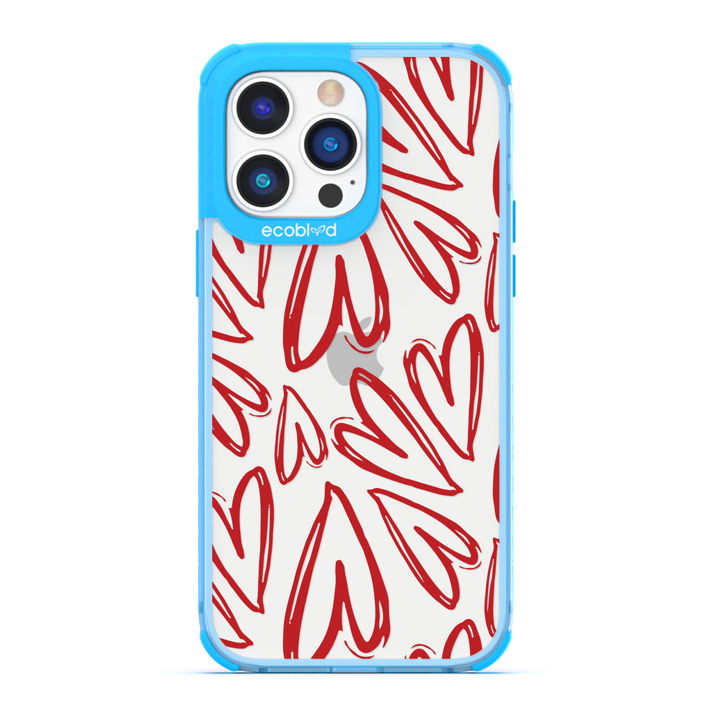 Love Collection - Blue Compostable iPhone 14 Pro Max Case - Painted / Sketched Red Hearts On A Clear Back