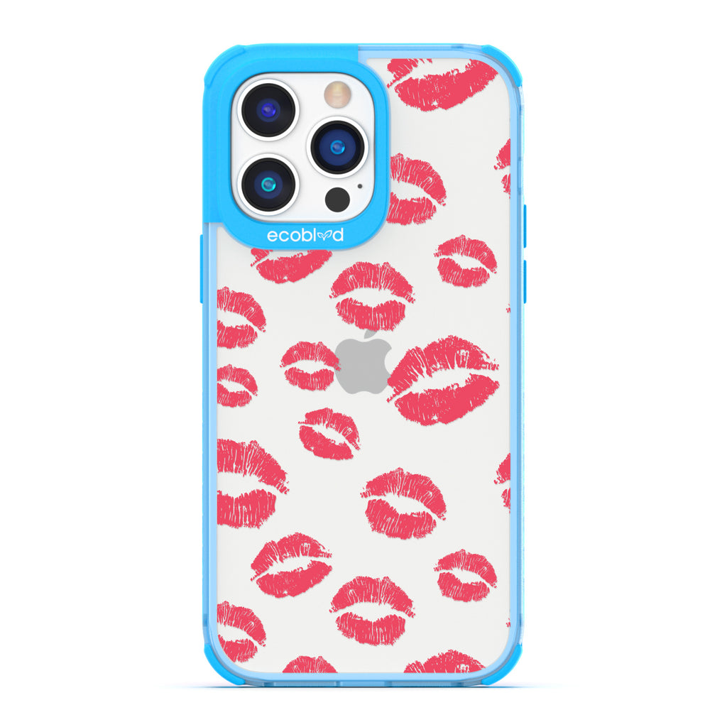 Love Collection - Blue Compostable iPhone 14 Pro Max Case - Multiple Red Lipstick Kisses On A Clear Back