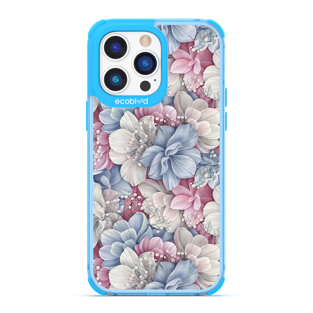 Spring Collection - Blue Compostable iPhone 14 Pro Case - Dewey Pastel-Colored Watercolor Hydrangeas On A Clear Back