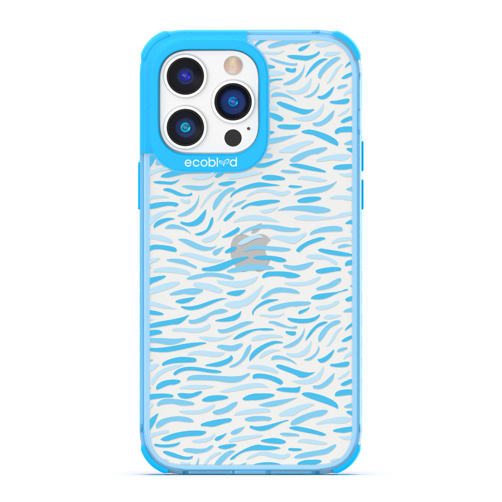 Timeless Collection - Blue Laguna Compostable iPhone 14 Pro Case With Abstract Paint Brush Strokes On A Clear Back