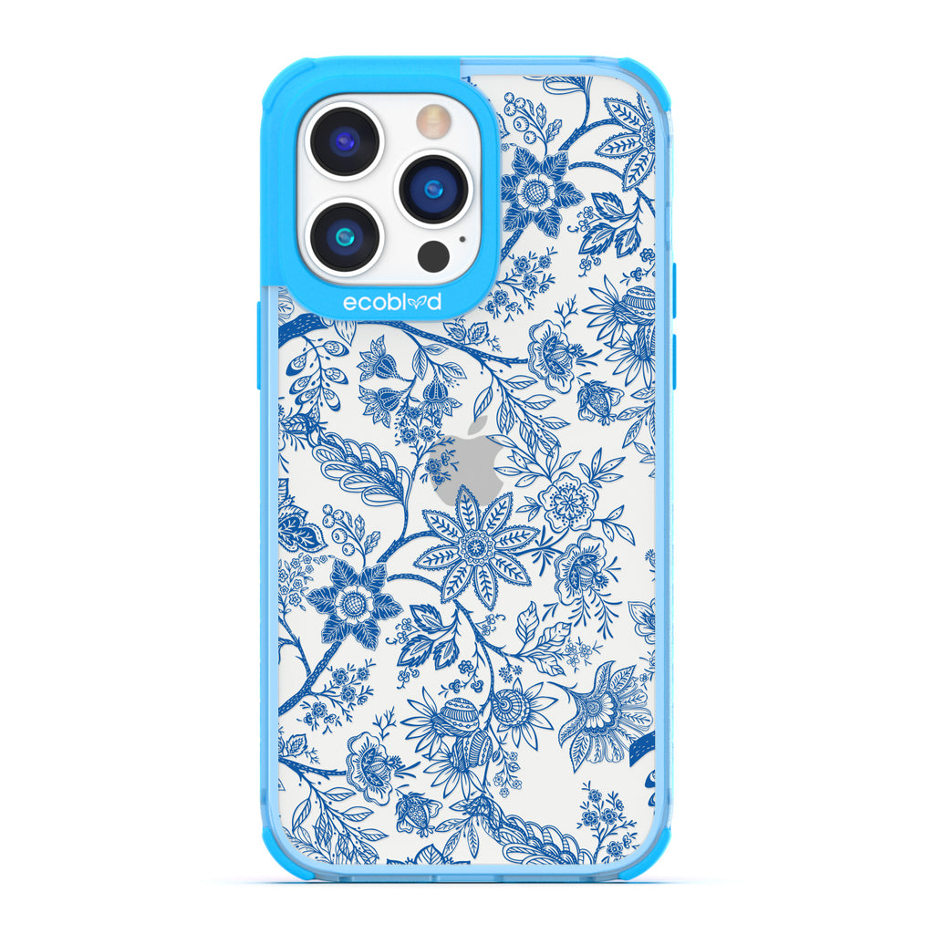 Timeless Collection - Blue Laguna Eco-Friendly iPhone 14 Pro Case With Blue Toile De Jouy Floral Pattern On A Clear Back