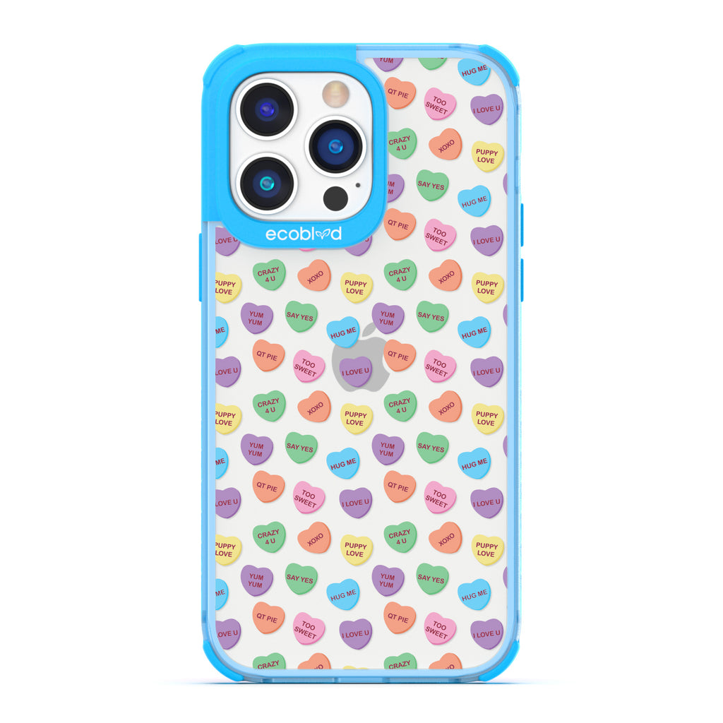 Love Collection - Blue Compostable iPhone 14 Pro Case - Pastel Candy Hearts With Romantic Quotes On A Clear Back