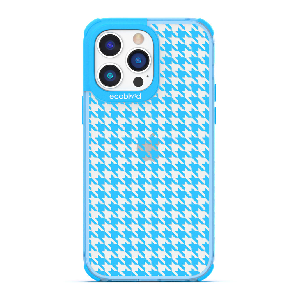 Timeless Collection - Blue Laguna Compostable iPhone 14 Pro Case With A Plaid Houndstooth Pattern On A Clear Back