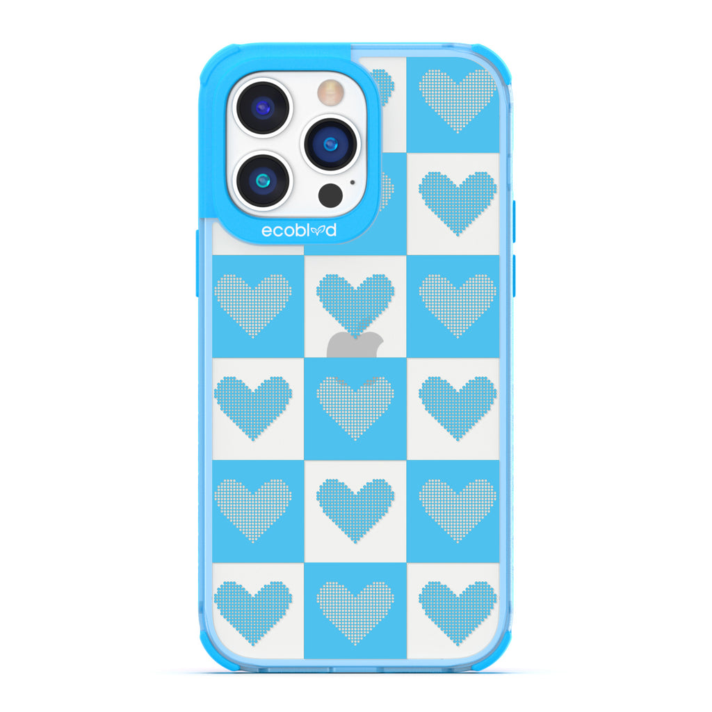 Love Collection - Blue Compostable iPhone 14 Pro Case - Blue Checkered Print With Knitted Hearts On A Clear Back